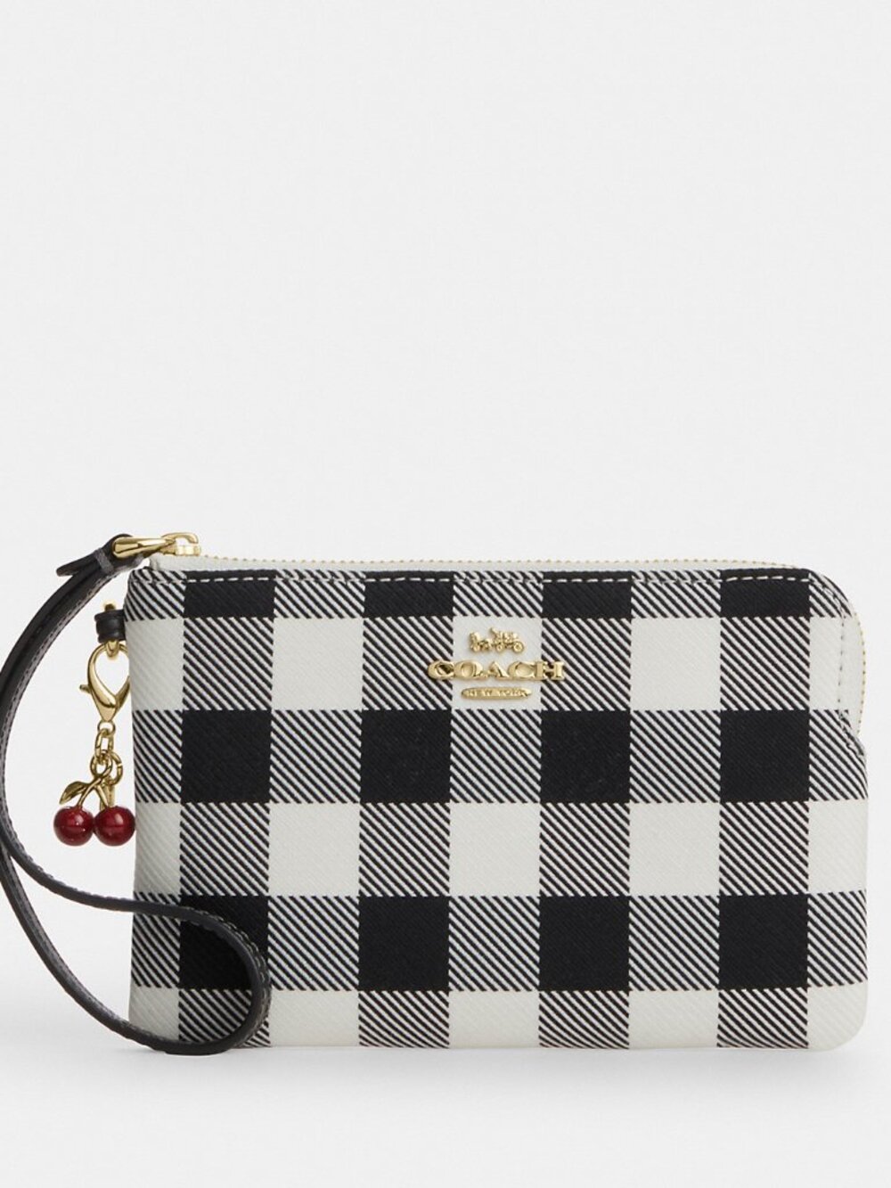 Coach Corner Zip Wristlet With Gingham Print And Charm